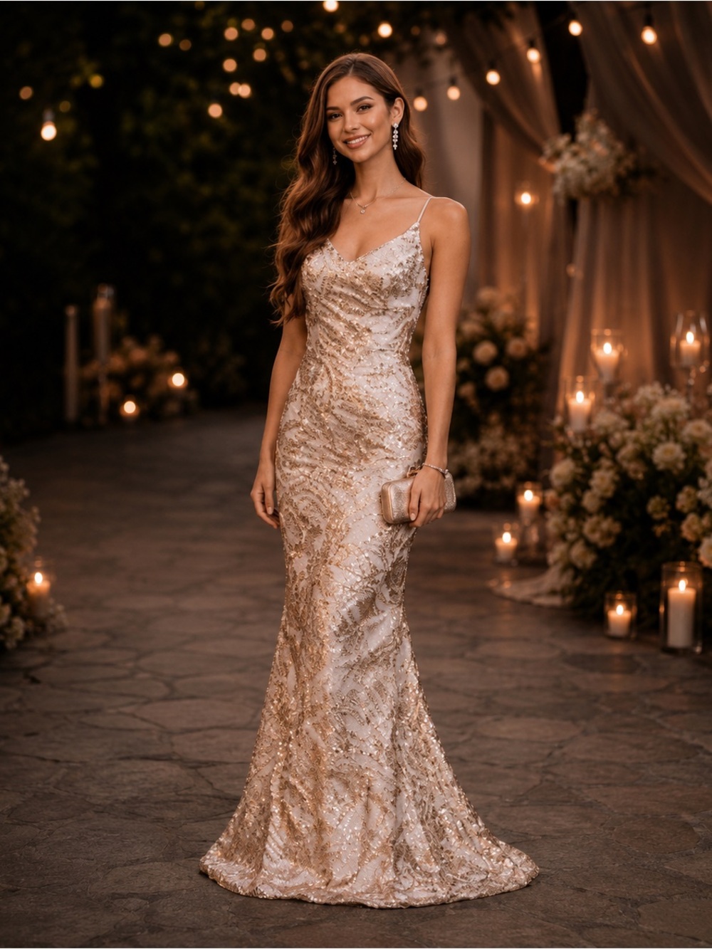 Champagne Gold Sequin Mermaid Gown ✨ Sculpted Glam | Elegant Train